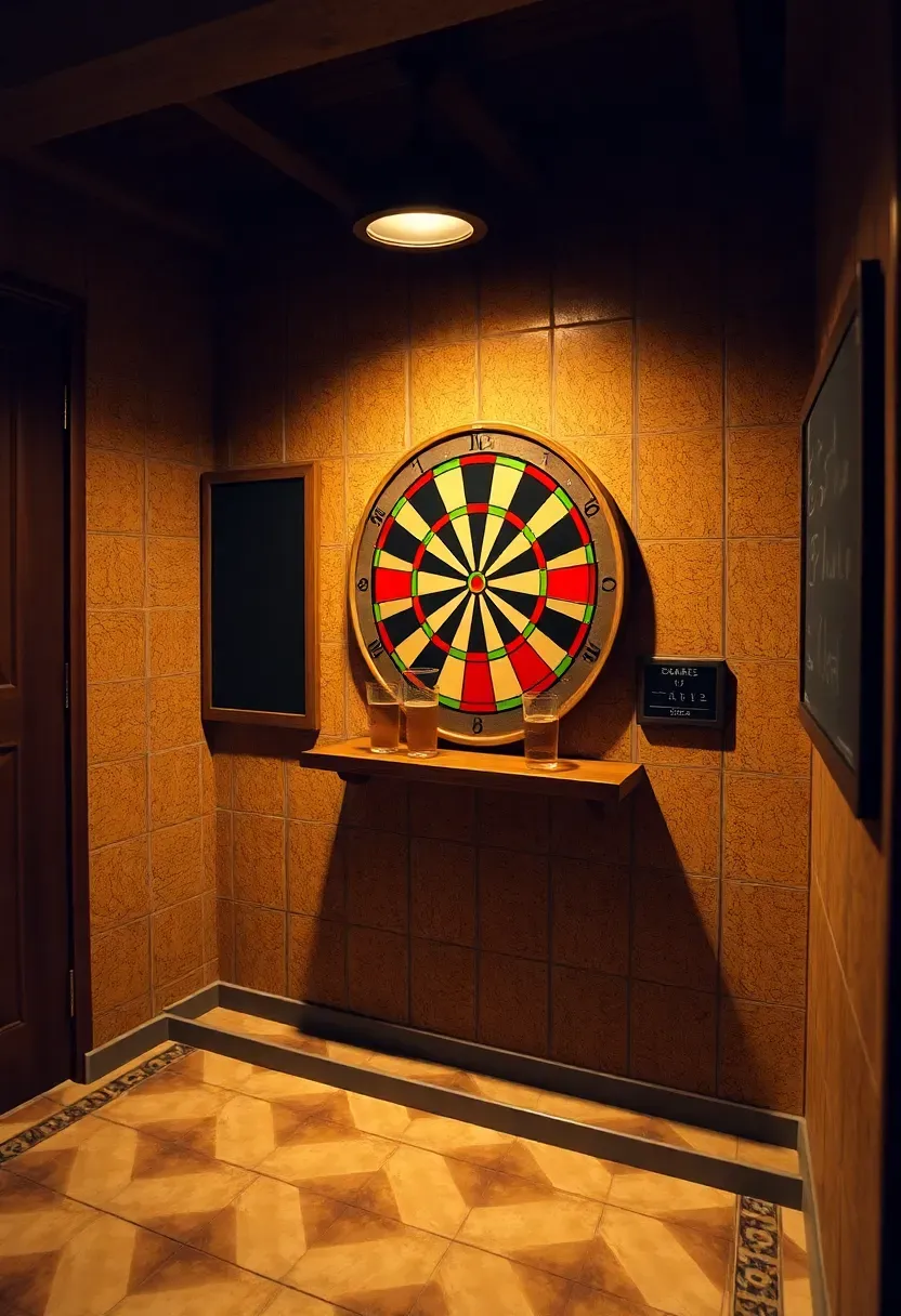 basement dart board area with cork surround and pub-style wooden bar shelf with chalkboard scoreboard
