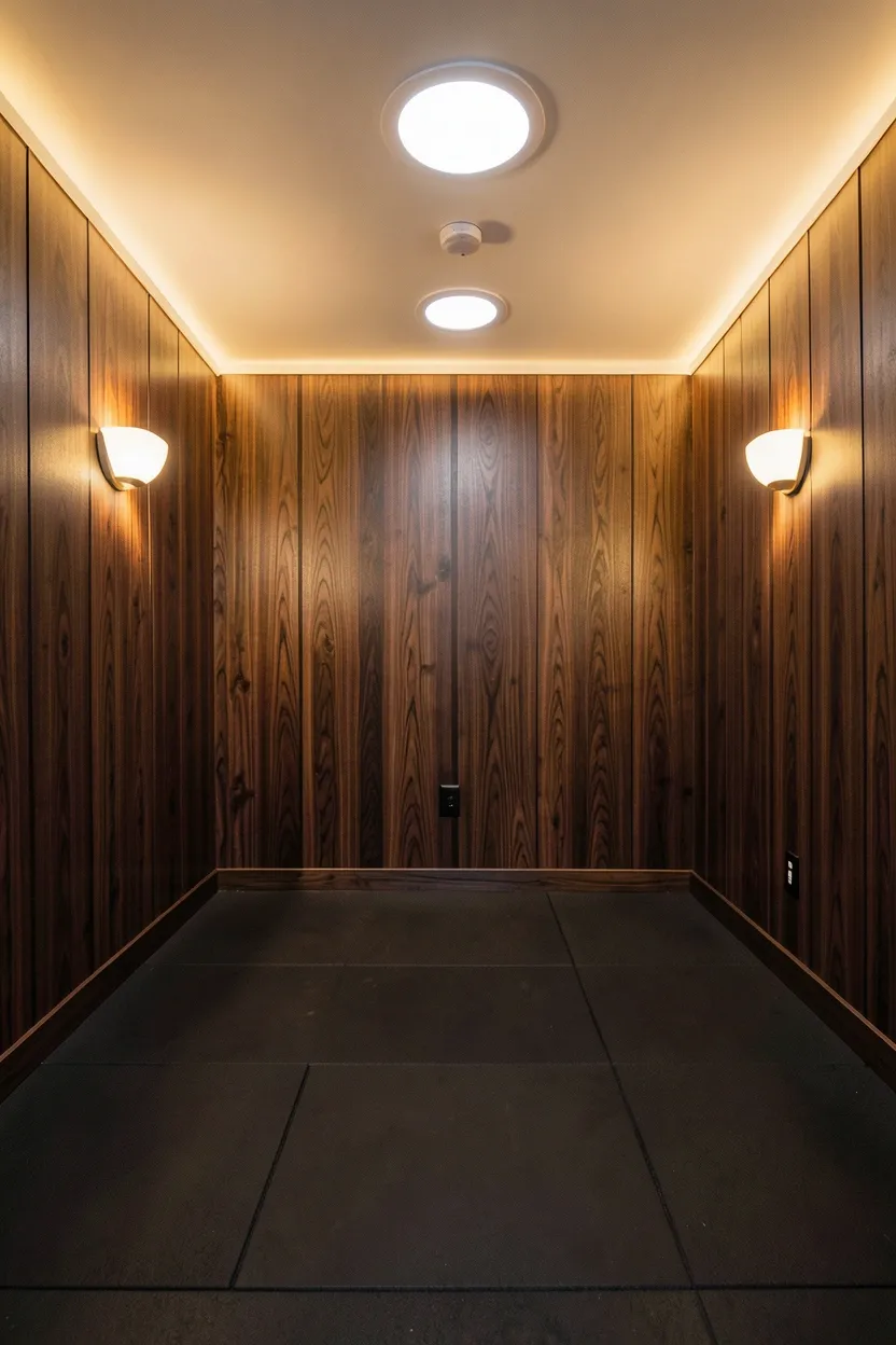Dark walnut wood panel gym walls with warm amber LED flush mounts and wall sconces highlighting the grain