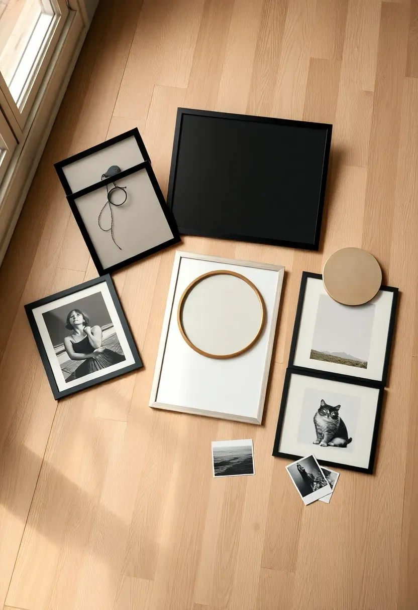 Flat lay on a light wood floor — framed prints, an unframed poster, a small mirror, a ceramic wall piece, and two photographs laid out together for assessment before selection
