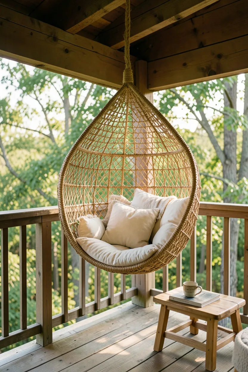 Hyper-realistic eye-level photograph of back porch with woven hanging chair suspended from ceiling beam, cream cushion and throw pillow, small wooden side table with book and mug, view through railings showing trees. Natural morning light. Materials: woven wicker or rope, weather-resistant fabric, wood. Playful relaxed mood. Sharp details on chair weave texture. No text, no logos, no watermarks.