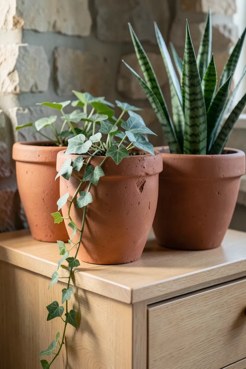 Unglazed terracotta clay pots with trailing plants grouped on a wabi sabi bedroom windowsill