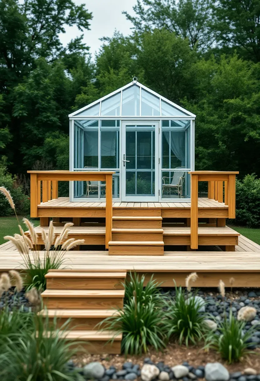 A small greenhouse sitting on an elevated wooden deck platform with steps leading up surrounded by ornamental grasses