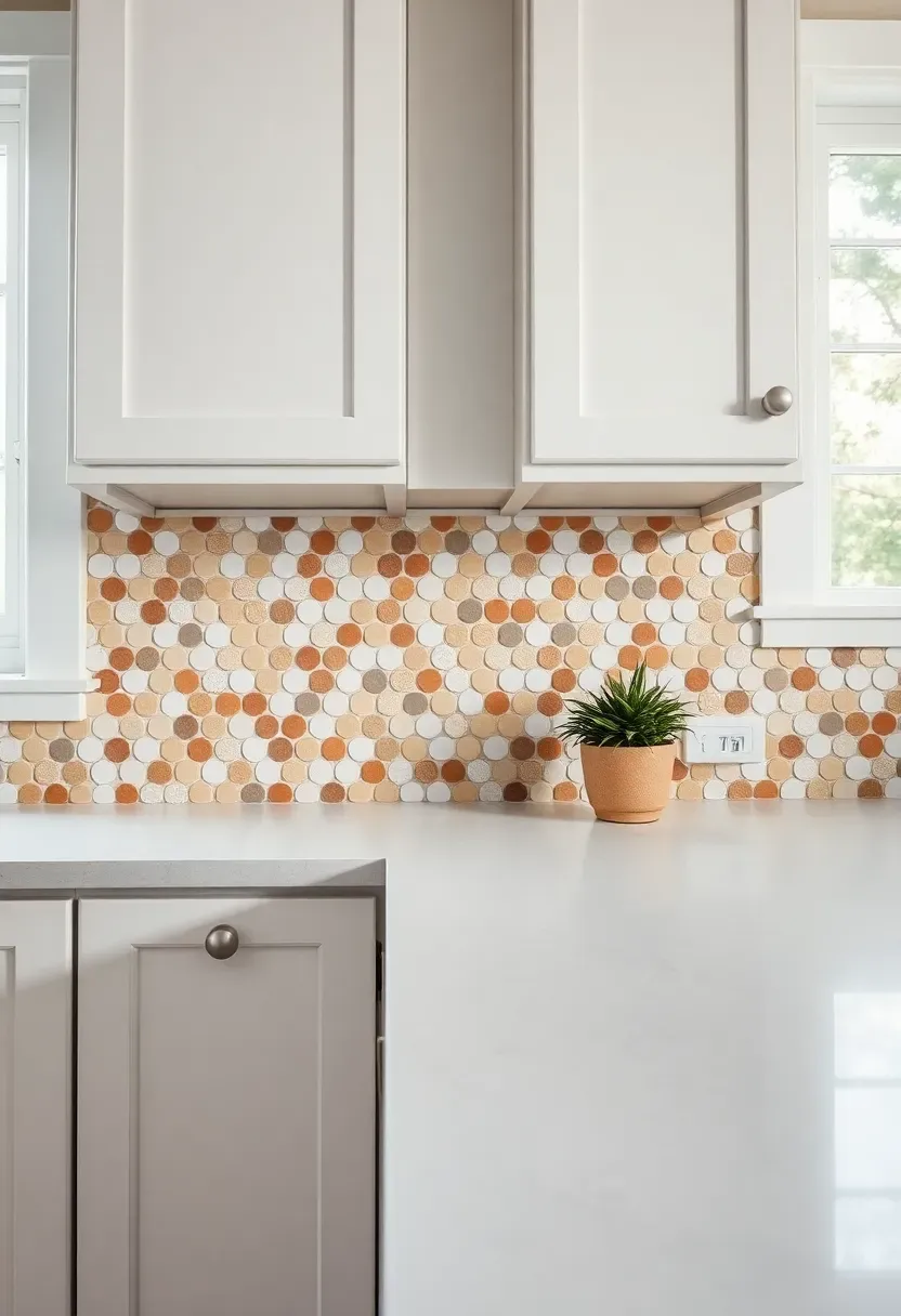 mixed neutral penny round tile backsplash in cream, tan, and gray in a coastal kitchen with white shaker cabinets