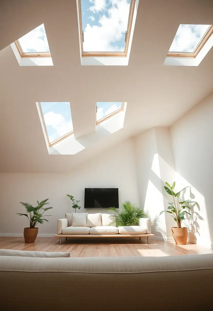 Hyper-realistic upward view of skylit living room. Multiple skylights in ceiling flooding space with natural daylight, cream linen sofa, white oak flooring, plants positioned under skylights. Materials: linen upholstery catching sunlight, oak floor with grain visible, green plants thriving under skylights, plaster walls. Bright natural daylight from above creating dynamic shadows. Luminous organic minimalist mood with bright palette. Shallow depth of field, sharp details on light quality, minimalist furniture, visible sky through skylights with clouds.</p>