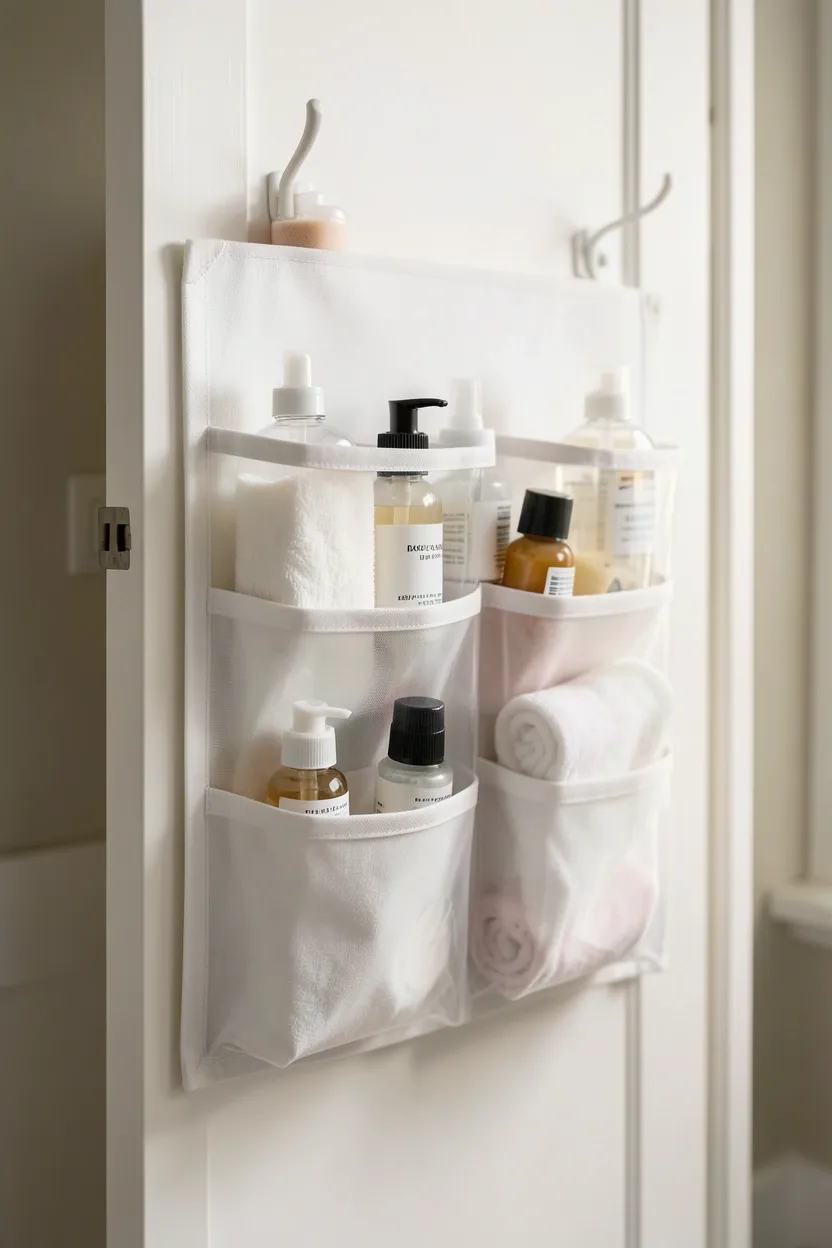 Over-the-door hook and pocket organizer on the back of a rental bathroom door holding towels, robes, and small toiletries
