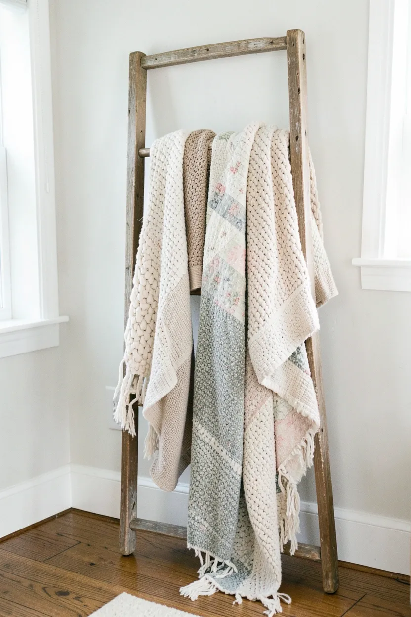 Vintage wooden ladder with weathered patina leaning against wall as a blanket rack with linen and wool throws in a farmhouse bedroom