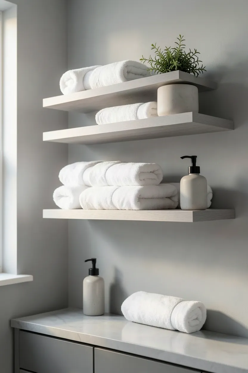 Grey wood floating shelves above toilet in a modern rental bathroom styled with folded towels and small plants