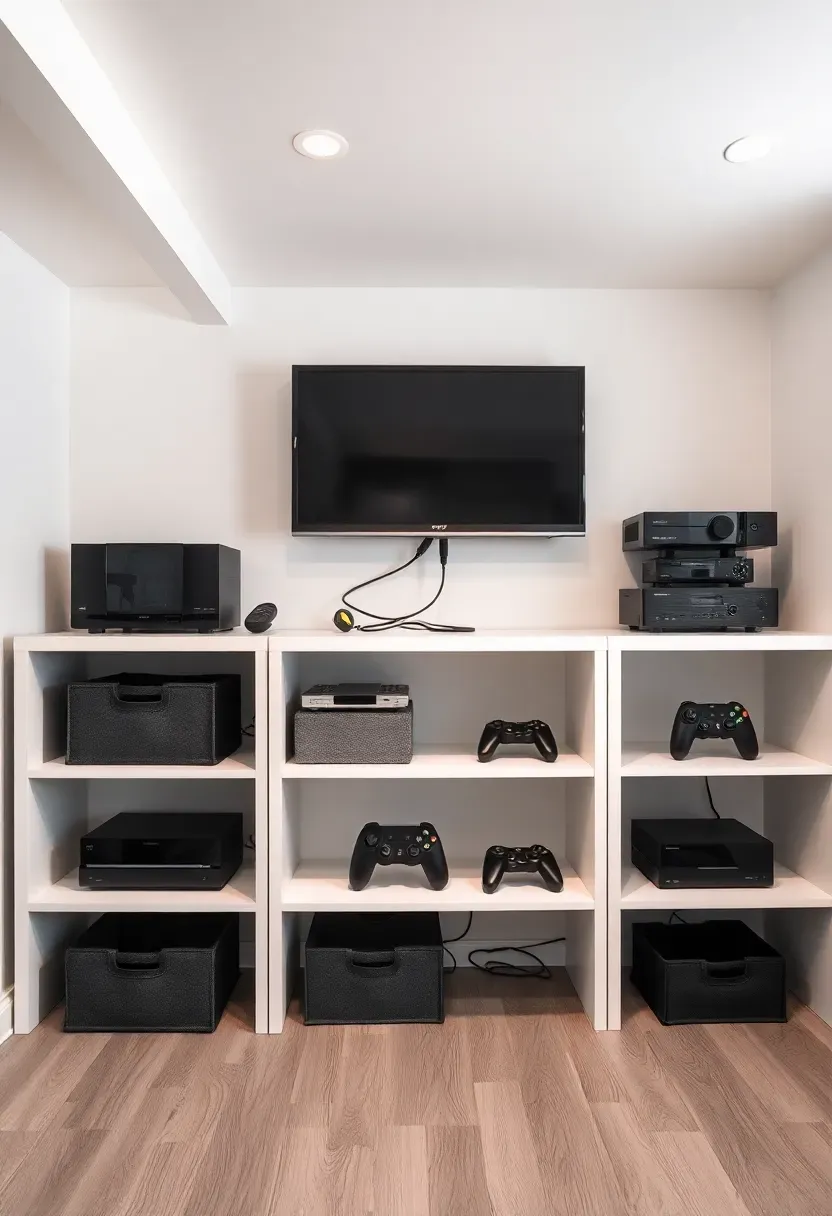 Cube storage media console holding a television with organized compartments for games and electronics in a basement