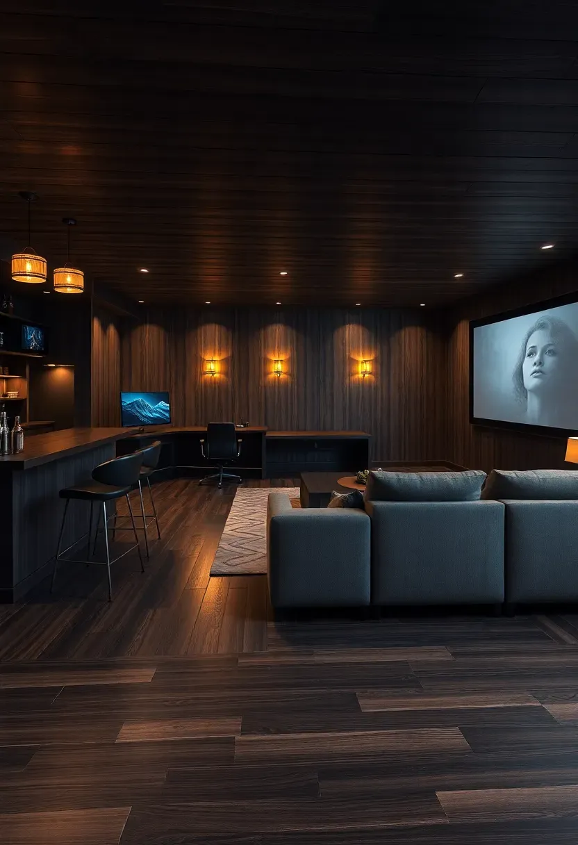 Multi-zone entertainment hub man cave with separated bar area, gaming section, theater corner with recliner, and open layout connected by consistent dark flooring and accent lighting