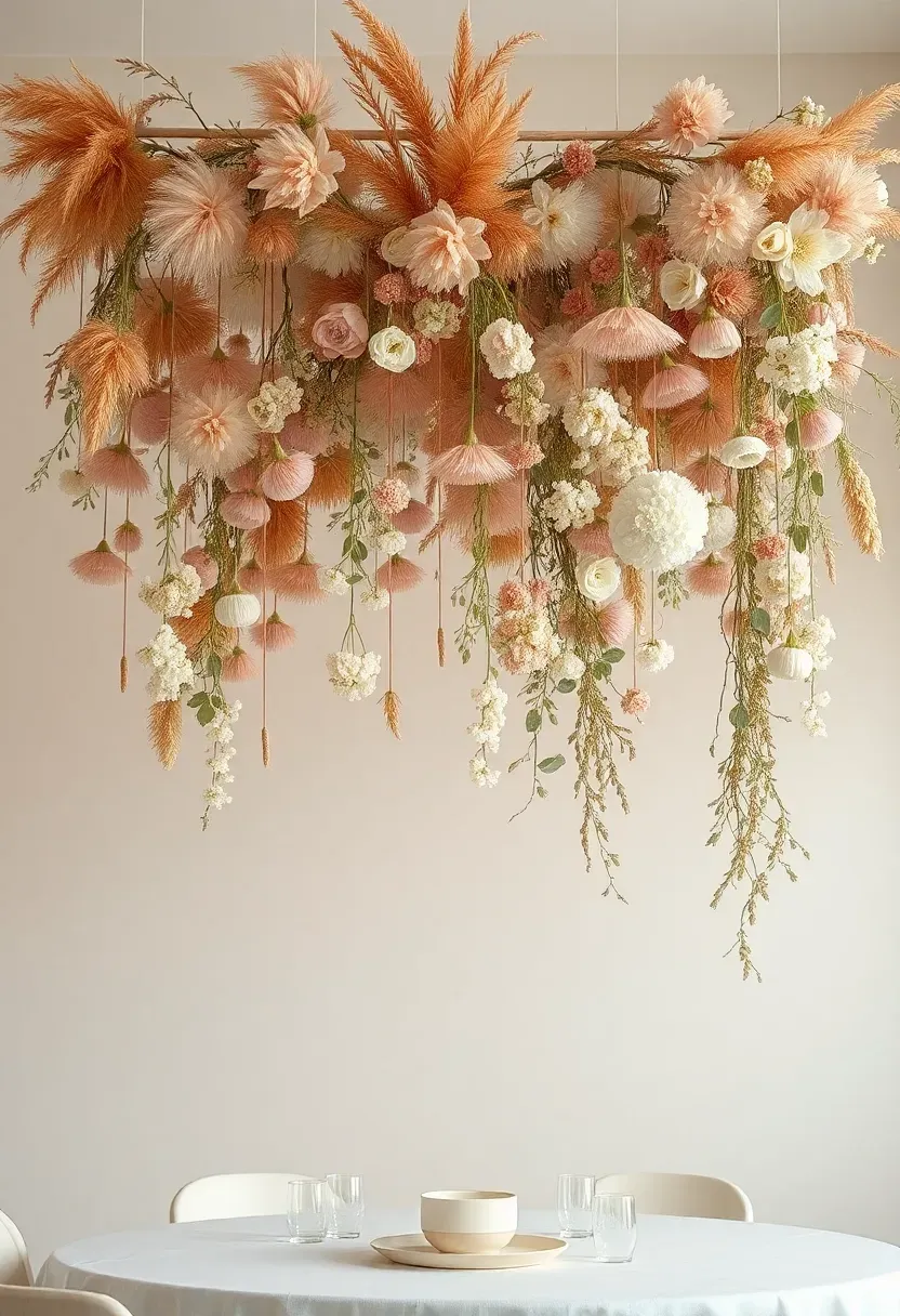 Hanging dried and fresh floral ceiling installation above baby shower table in blush, mauve, and sage