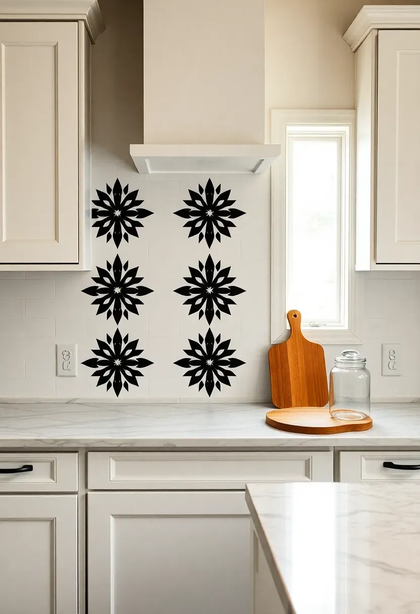 bold geometric encaustic cement tile backsplash with black and white star pattern in a kitchen
