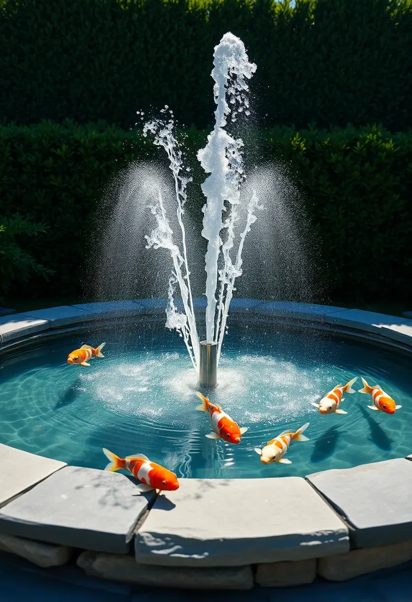 Formal koi pond with a tall central fountain jet, stone surround, and colorful koi swimming in clear water