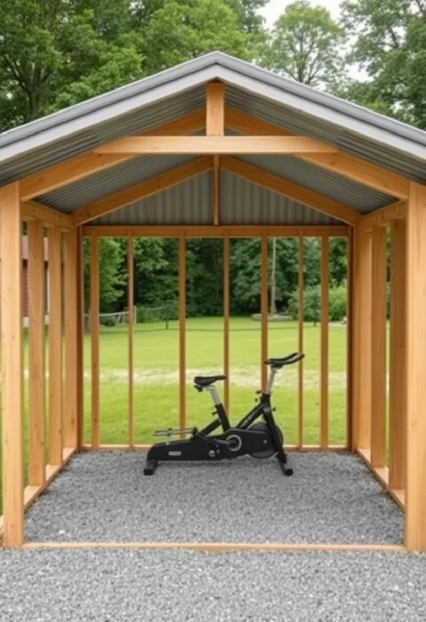 Small covered shelter in a backyard containing a rowing machine and stationary bike side by side, with open front facing the yard, gravel floor, and simple pitched roof