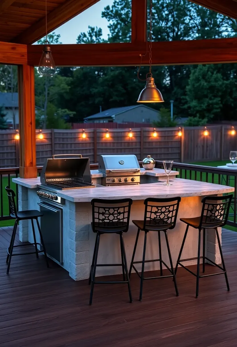 back deck with a full outdoor kitchen setup including a built-in stainless steel grill, concrete countertop with bar seating, a small refrigerator, and pendant lights on a wooden beam overhead