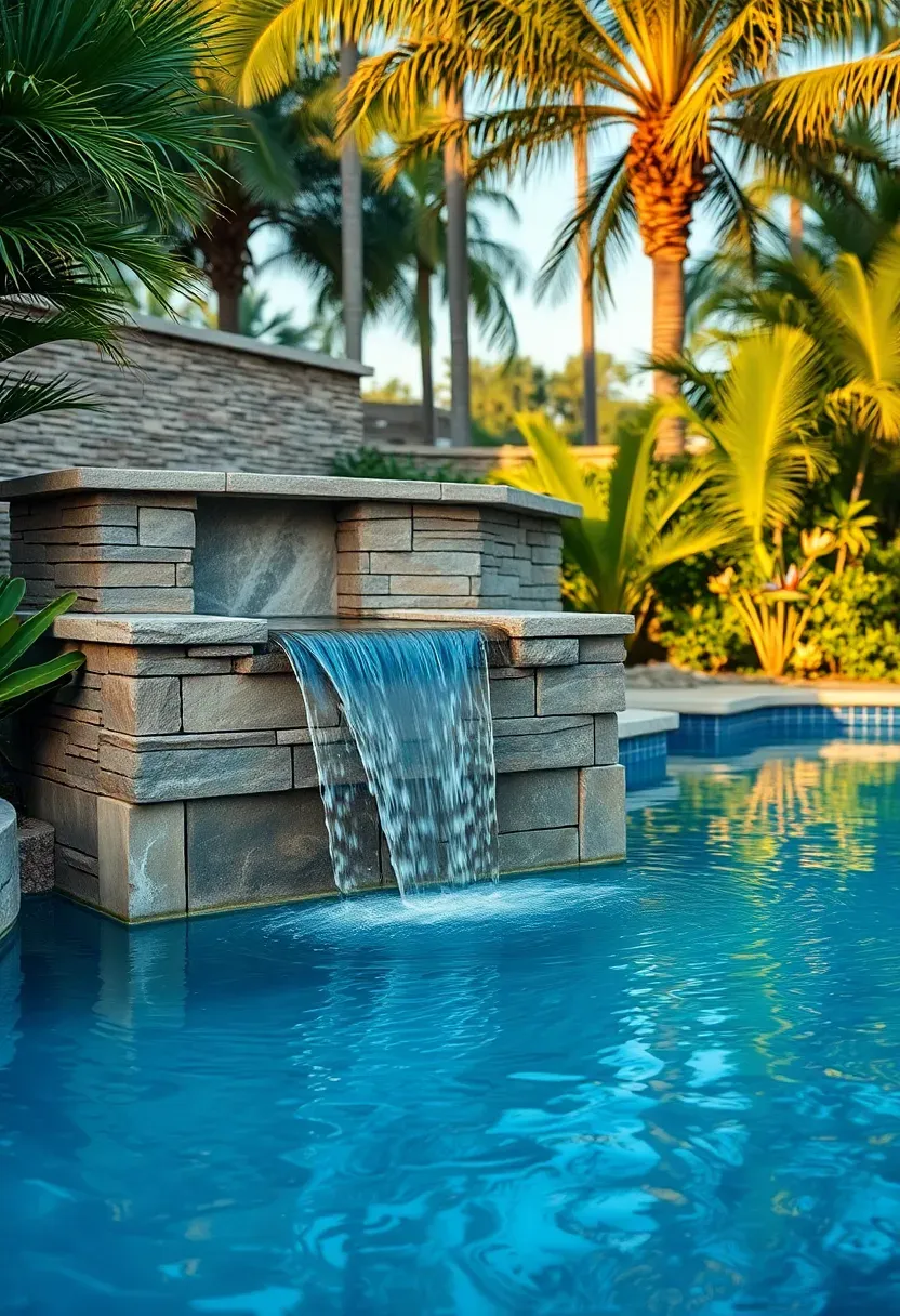 Elevated stone spa with a wide spillover edge sending a sheet of water into a swimming pool below, surrounded by tropical landscaping at golden hour