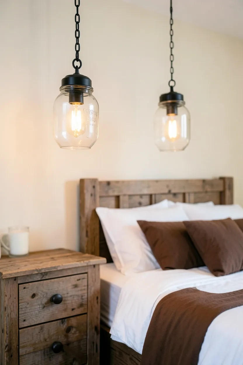 Hyper-realistic eye-level photograph of two mason jar pendant lights suspended above rustic wooden nightstands. Clear glass mason jars with warm Edison bulbs visible inside, black metal fixtures and chains, weathered wood nightstands, white bedding with brown accents, cream walls. Materials: clear glass mason jars, black metal fixtures, distressed pine nightstands, white cotton bedding. Warm ambient lighting from bulbs, cozy farmhouse atmosphere. Shallow depth of field, sharp details on glass texture and hardware, balanced composition showing lights and nightstands. No text, no logos, no watermarks.</p>