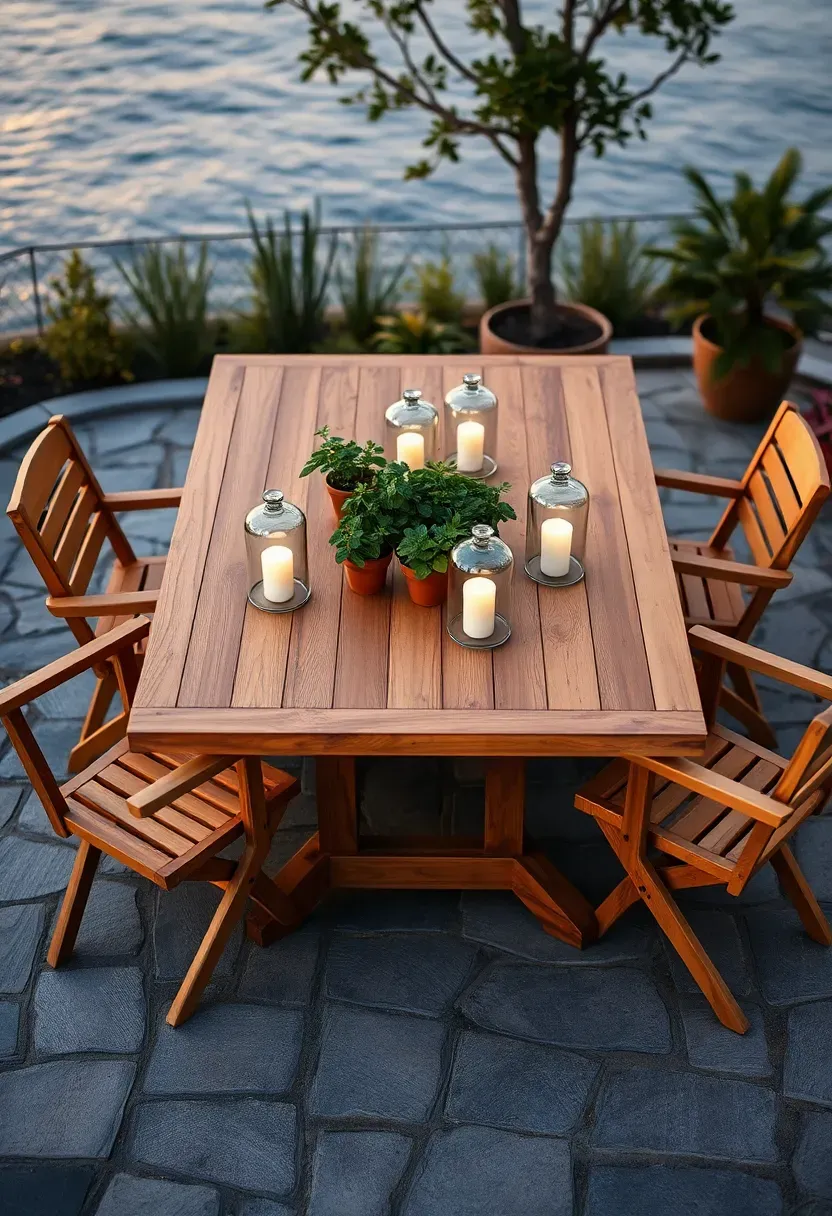 Rectangular wooden outdoor dining table with six chairs on a flagstone patio surrounded by potted herbs and lanterns