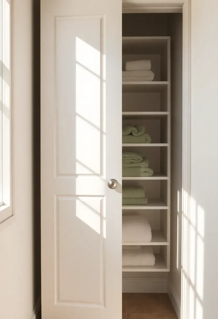 Bathroom pocket door sliding into the wall revealing a linen closet with white shelves