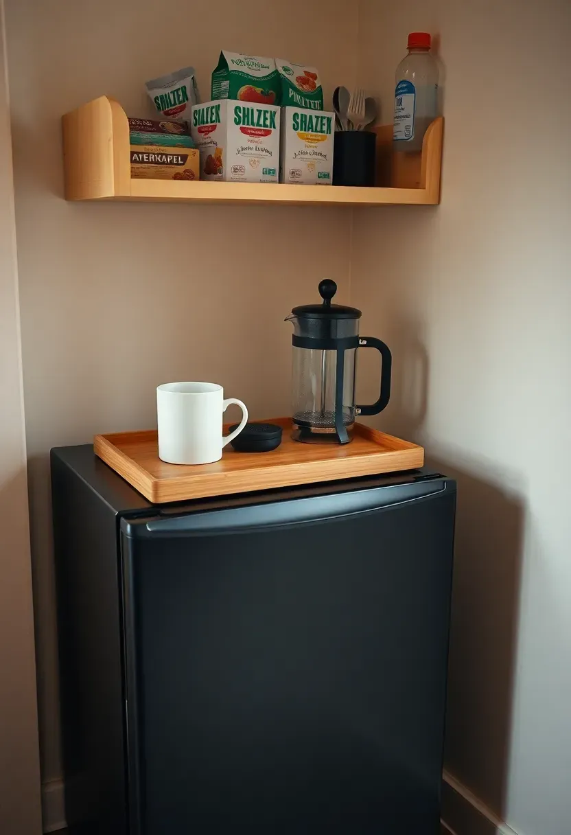dorm mini fridge station with wooden shelf on top holding mugs and snacks