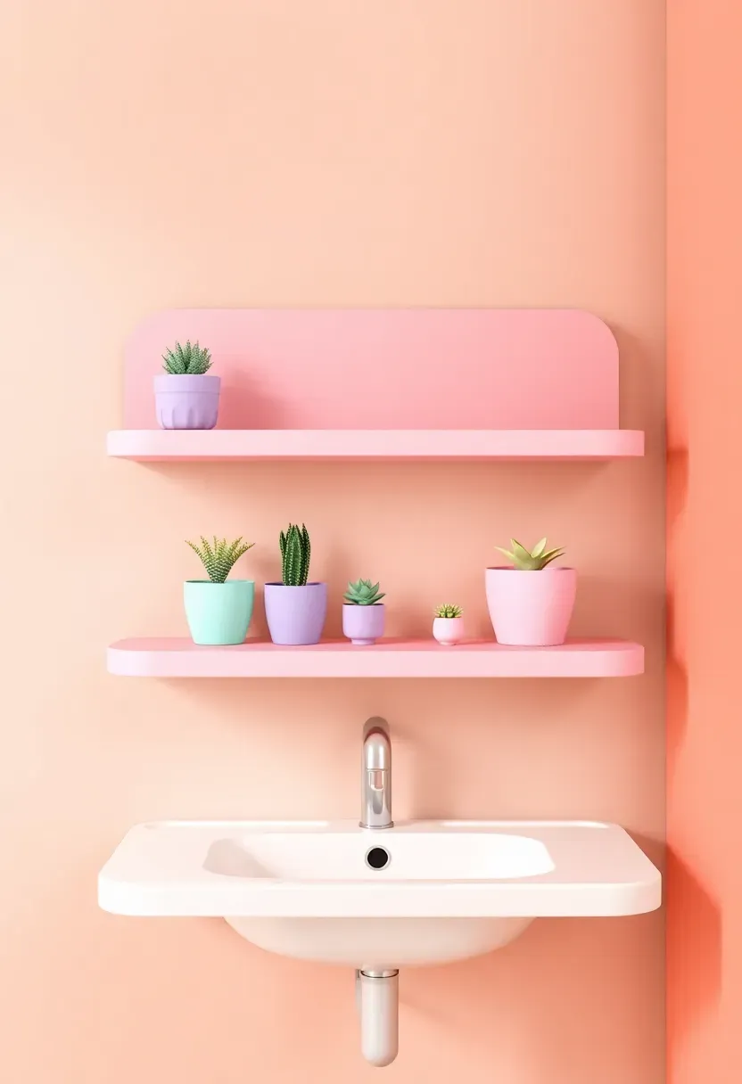 Renter-friendly pastel pink floating shelves with mint and lavender storage baskets on a coral wall in a small apartment bathroom