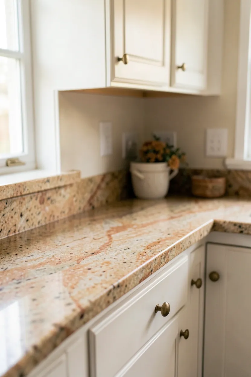 Honed soapstone countertops in warm terra cotta tones anchoring a modern organic kitchen with wood cabinetry and earthy neutral palette
