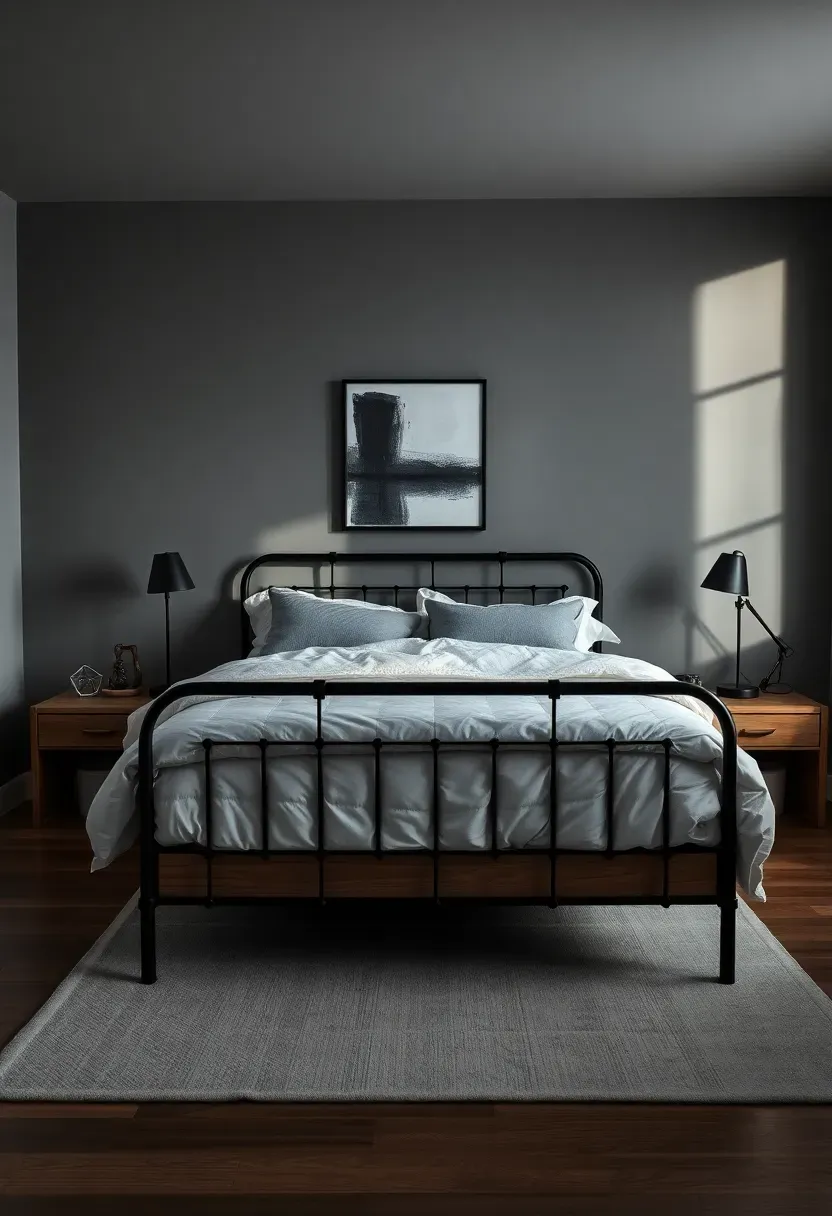 Hyper-realistic wide shot of a moody bedroom with storm cloud gray walls, queen bed with white duvet and gray pillows, black metal bed frame, wood bedside tables, black table lamps. Visible room context with light gray area rug, black-framed abstract art. Materials: matte storm gray paint, white cotton, black metal, medium oak wood. Moody atmospheric lighting, storm-cloud shadows on walls. No text, no logos, no watermarks.</p>
