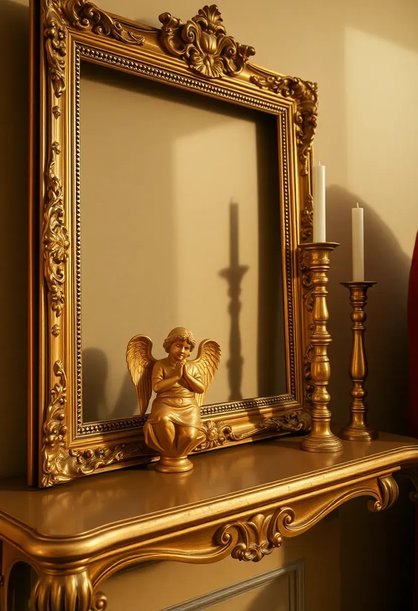 gilded ornate frames and gold accents on an ornate antique shelf