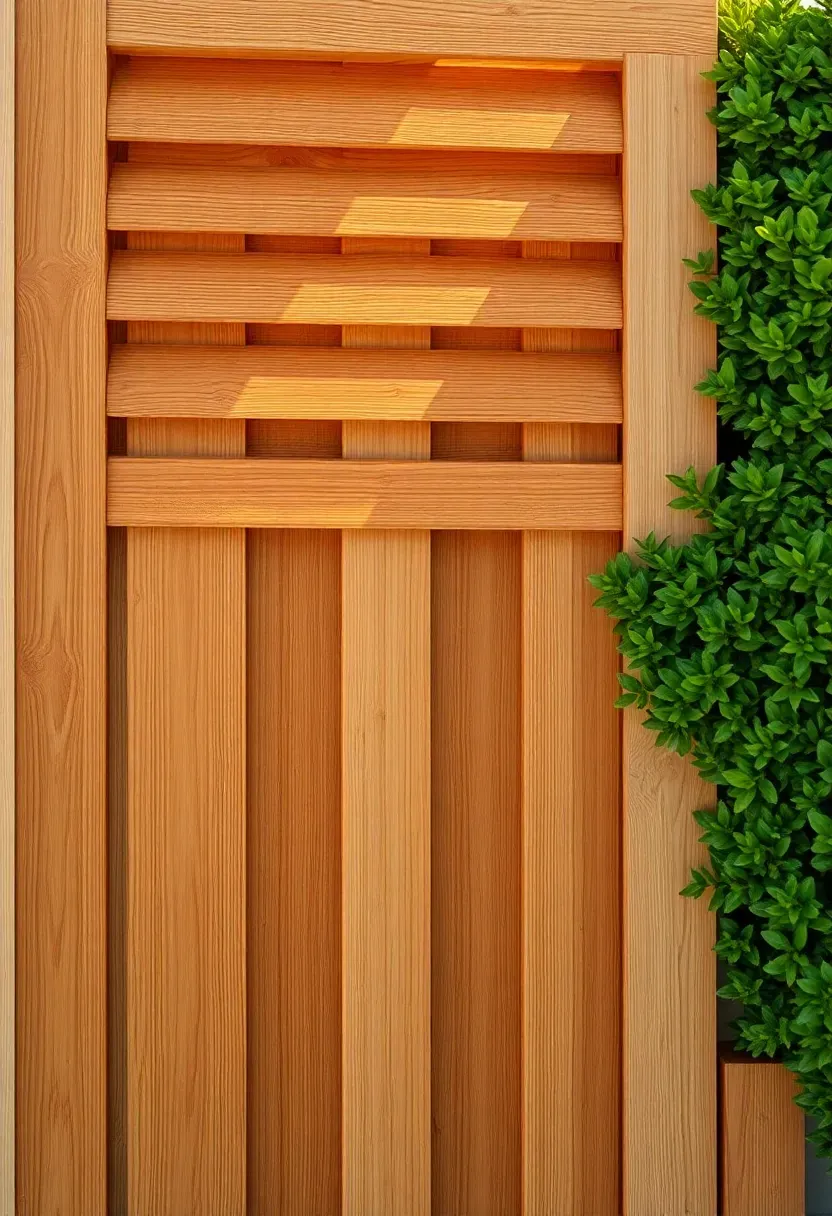 Angled louvered fence panels in natural wood showing overlapping slats tilted downward for privacy with filtered light