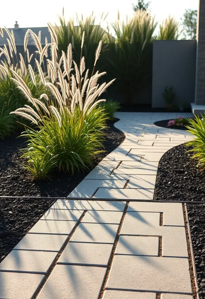 Concrete paver pathway in a running bond pattern with charcoal-colored pavers through a modern backyard with ornamental grasses