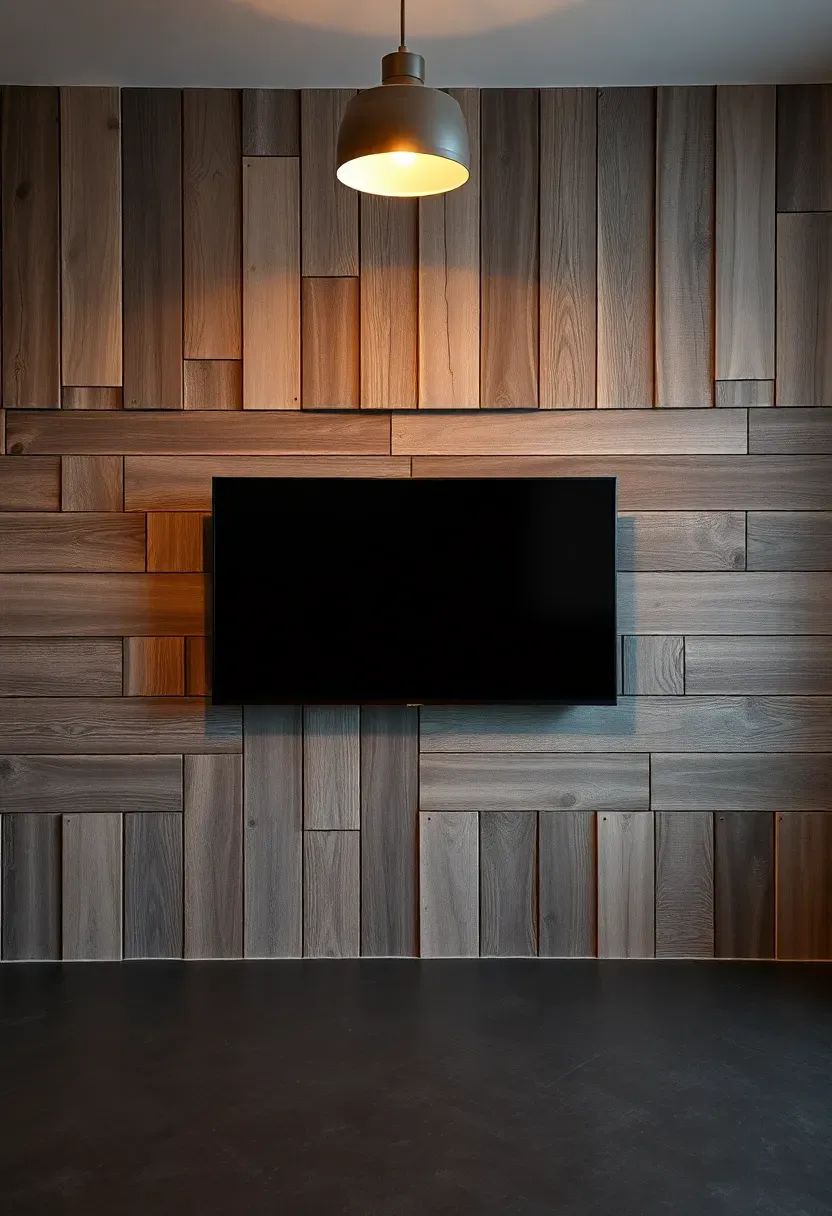 Reclaimed barn wood planks covering a basement TV wall with natural weathered textures and a mounted screen