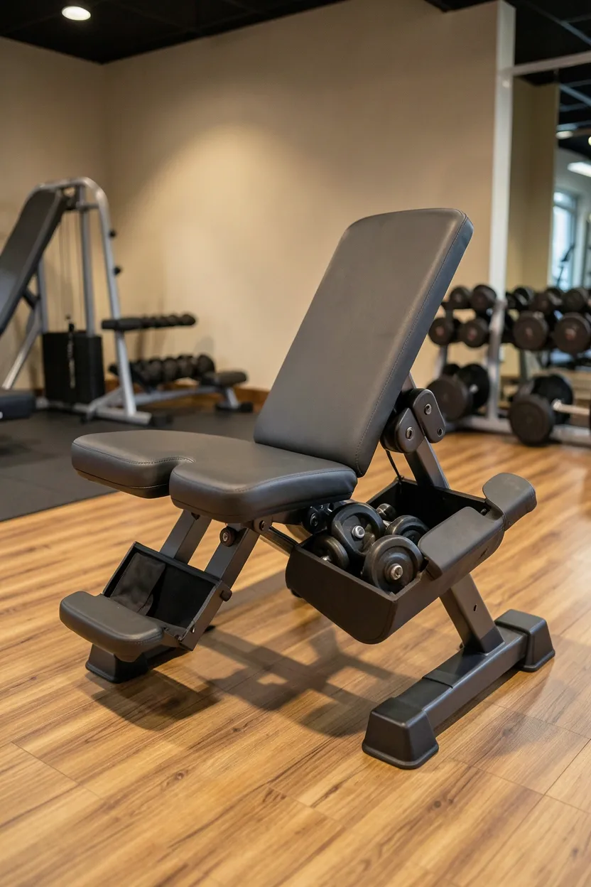 Convertible workout bench with open storage compartments revealing weights and bands — multi-functional home gym furniture for small apartment fitness rooms