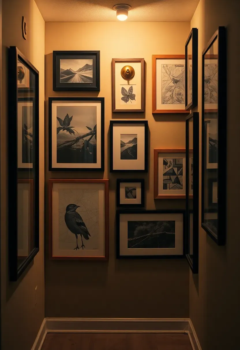 Eclectic gallery wall in a basement hallway with mixed frame sizes and styles including photography, prints, and small paintings