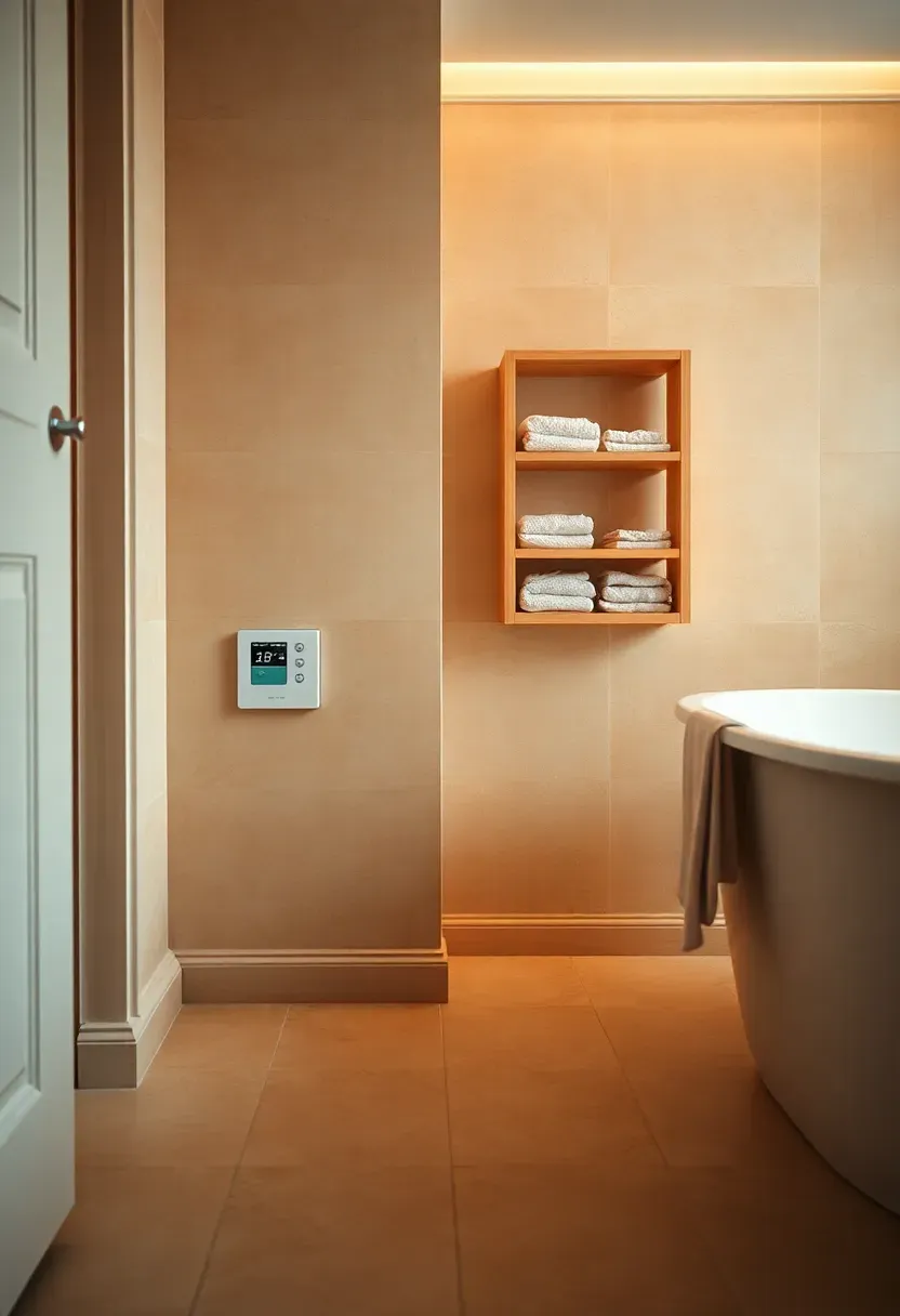 Bathroom floor with porcelain tile and visible radiant heating thermostat on the wall cozy warm toned interior