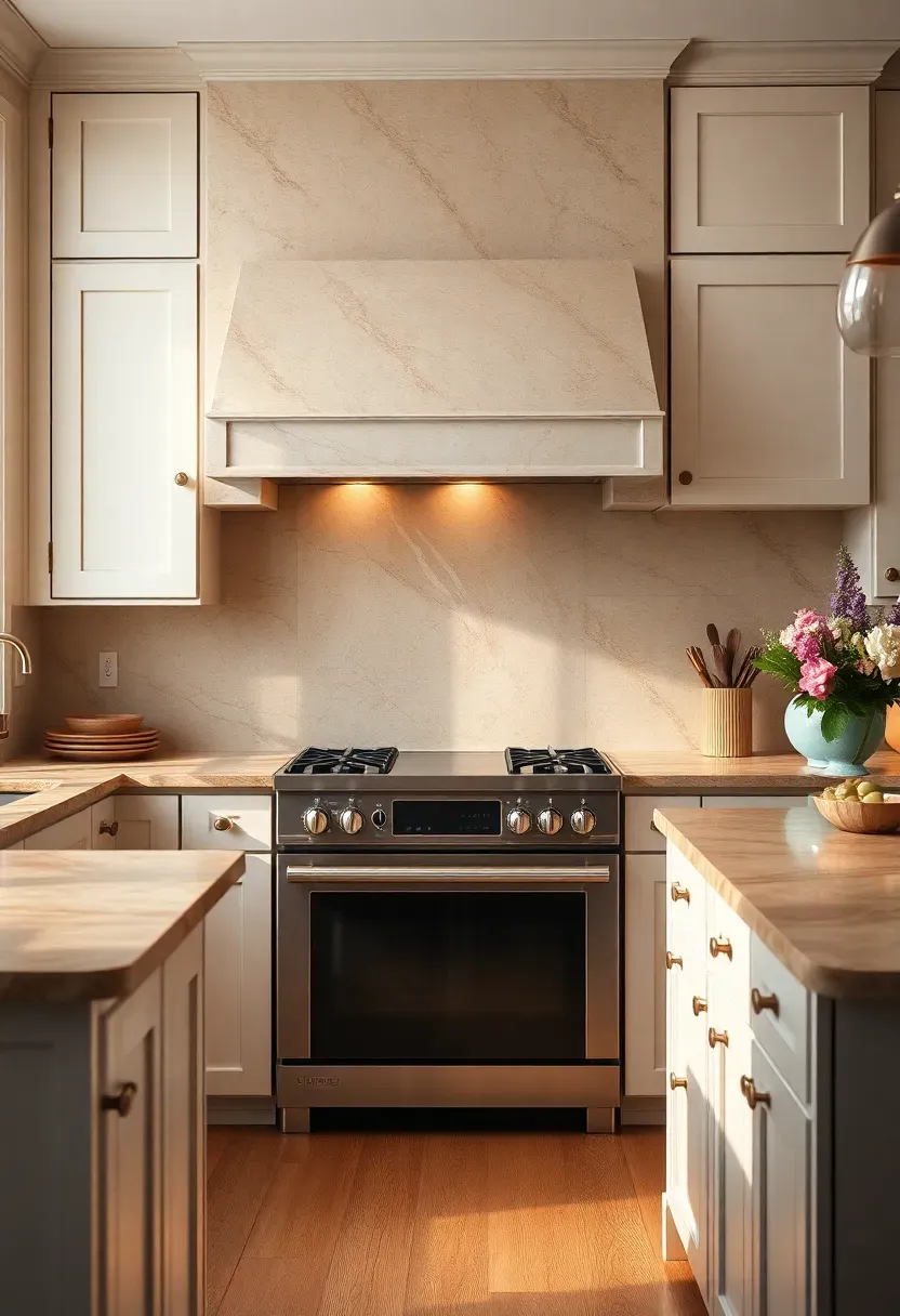 Hyper-realistic 3/4 view of a neutral kitchen with full-height honed travertine slab backsplash behind range. Materials: honed travertine slab with warm beige and cream movement, cream painted cabinets, warm quartz countertops on island, oil-rubbed bronze hardware, warm oak flooring. Natural light from adjacent window, under-cabinet lighting showing stone texture. Visible professional range with travertine slab continuing up the wall behind. Luxurious seamless mood. Shallow depth of field showing stone surface texture, sharp details on slab edges. No text, no logos, no watermarks.</p>