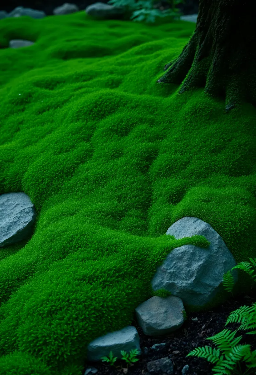 A shaded backyard corner covered in soft green moss growing between natural stones with ferns along the edges