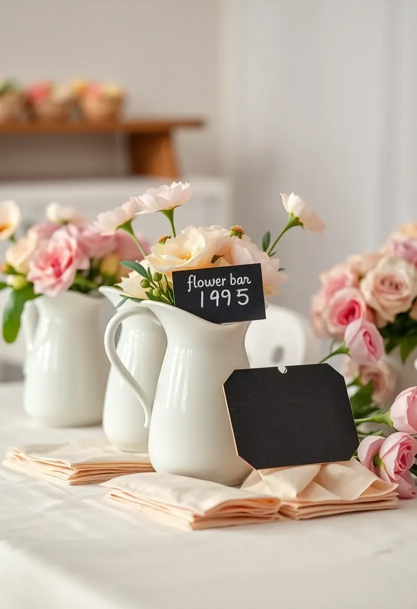 flower bar integrated into a dessert table with white porcelain pitchers and glassine bags for guests