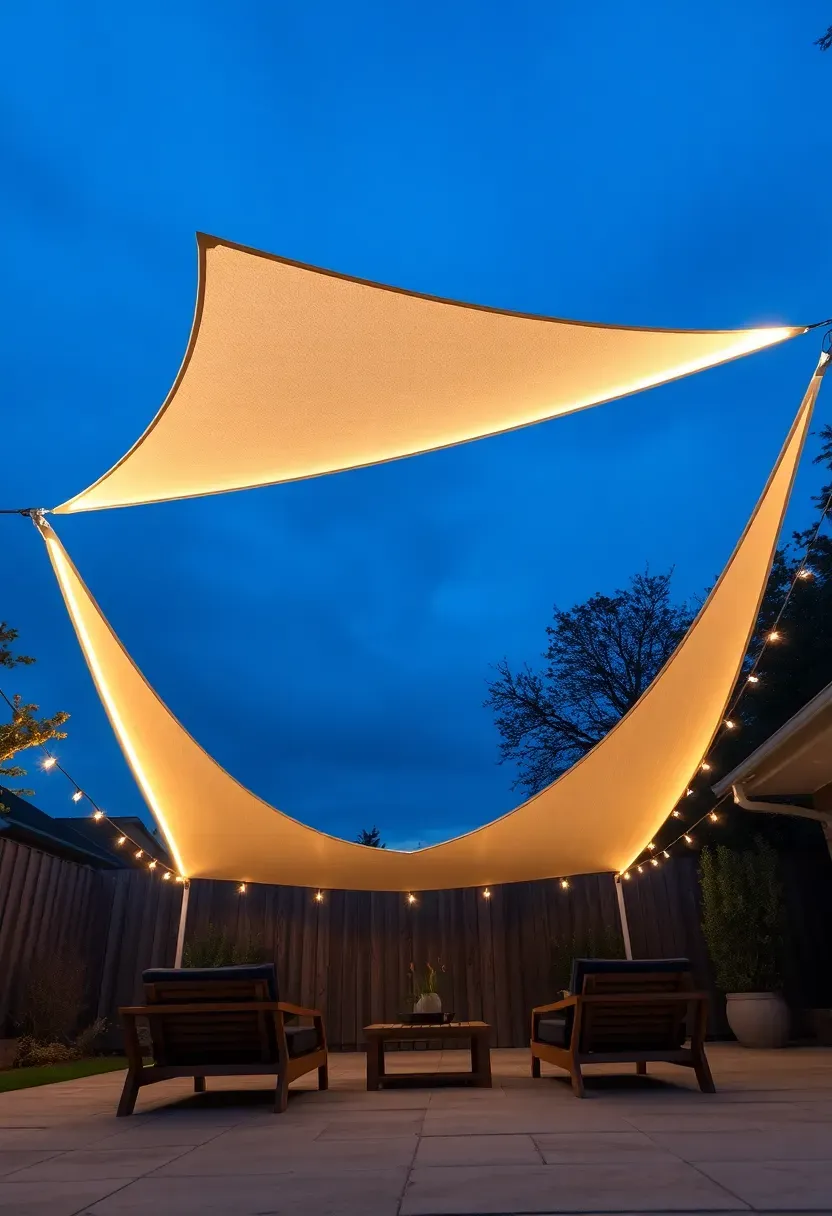 A triangular shade sail in a backyard with warm white LED lights sewn along its edges glowing at dusk over an outdoor lounge area