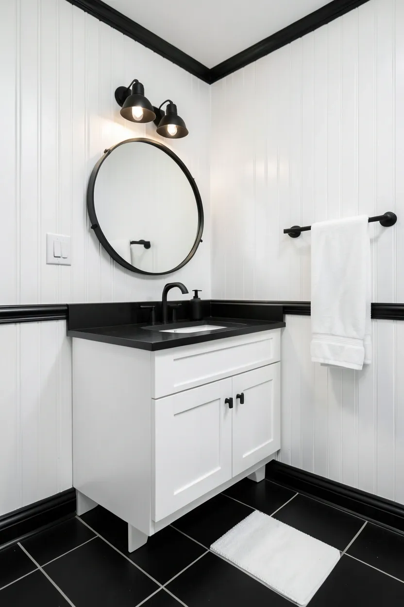 White beadboard wainscoting with bold black trim and black tile floor — coastal black and white bathroom