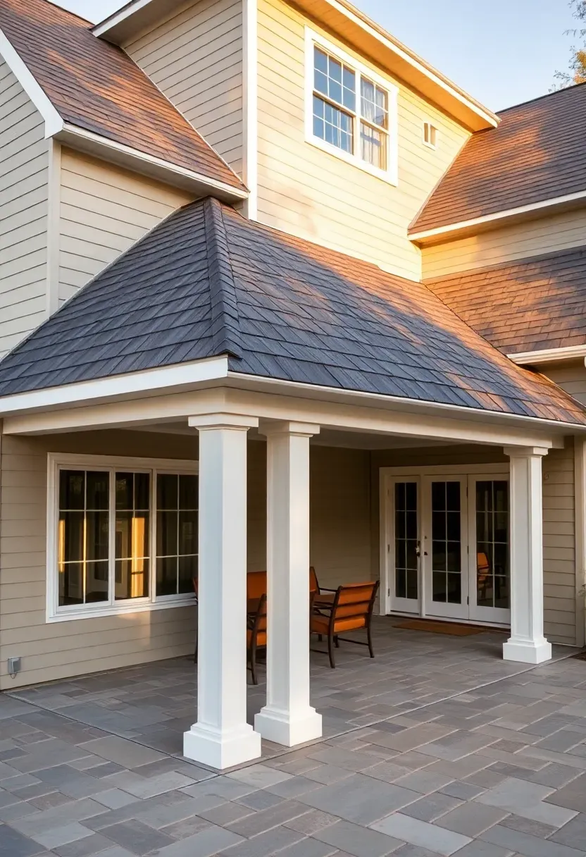 A pavilion attached to the back wall of a house with a matching shingle roof that extends from the existing roofline, supported by two front columns on a stamped concrete patio