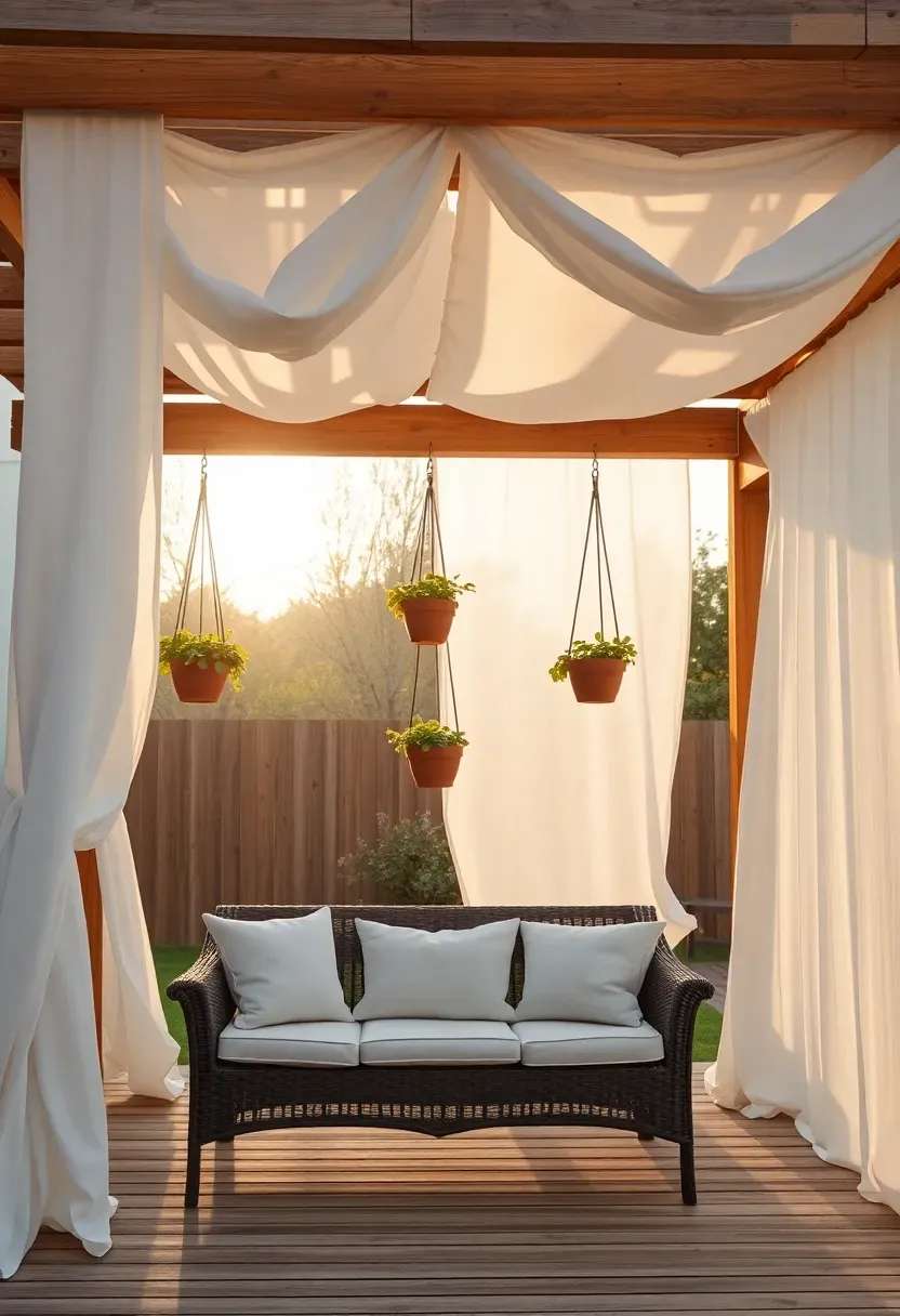 Wooden pergola with flowing white fabric draped between beams creating a shaded backyard sun room with hanging plants