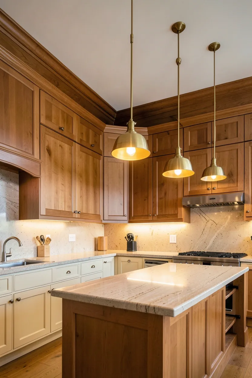 Hyper-realistic eye-level photograph of a kitchen with ceiling-height cabinets featuring crown molding. Upper cabinets extend to ceiling in warm walnut with visible crown molding in matching warm oak. Cabinets reach full ceiling height maximizing storage. Lower cabinets in warm cream create visual base. Large kitchen island in light oak with honed travertine countertop provides workspace below. Warm brass pendant lights and hardware throughout. Crown molding creates architectural detail and warmth. Warm ambient lighting highlights crown molding profile. No text, no logos, no watermarks.</p>