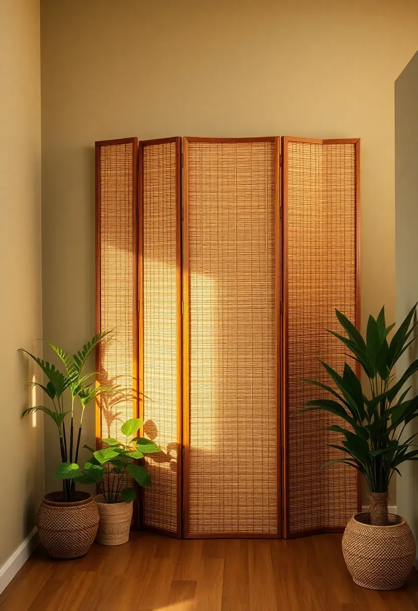 Folding bamboo screen defining a cozy reading zone in a boho minimalist small rental living room