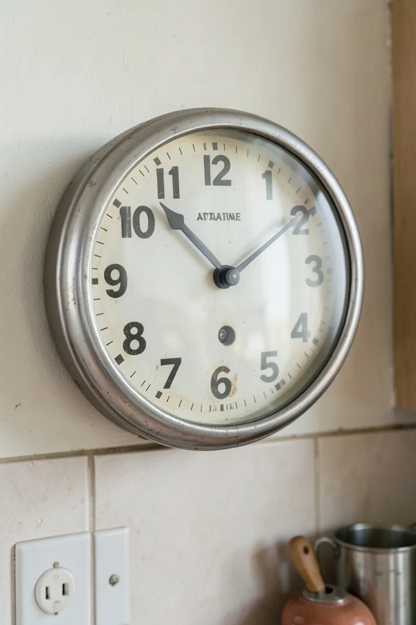 Large retro wall clock with bold 1950s numerals and atomic-style hands in a vintage kitchen — decorative and functional