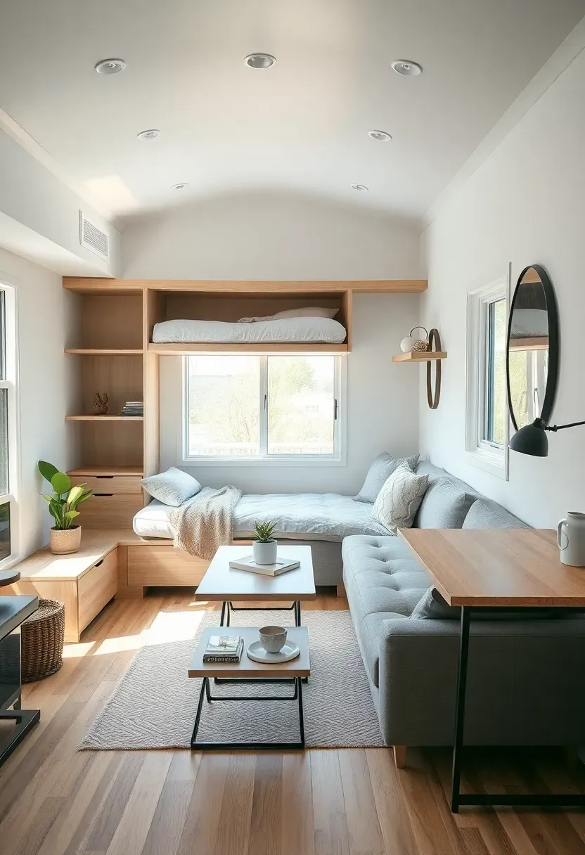 Hyper-realistic 3/4 view of a tiny house living room showing a murphy bed folded up against wall revealing built-in shelving behind it, L-shaped sectional sofa with hidden storage, coffee table that raises to dining height, wall-mounted desk that folds down when not in use. Materials: light wood furniture, gray upholstery, white walls, black metal hardware. Natural window light creating bright inviting space. Visible potted plant, throw blanket, and minimalist decor items. Modern functional design aesthetic. Dwell magazine photography style. No text, no logos, no watermarks.</p>