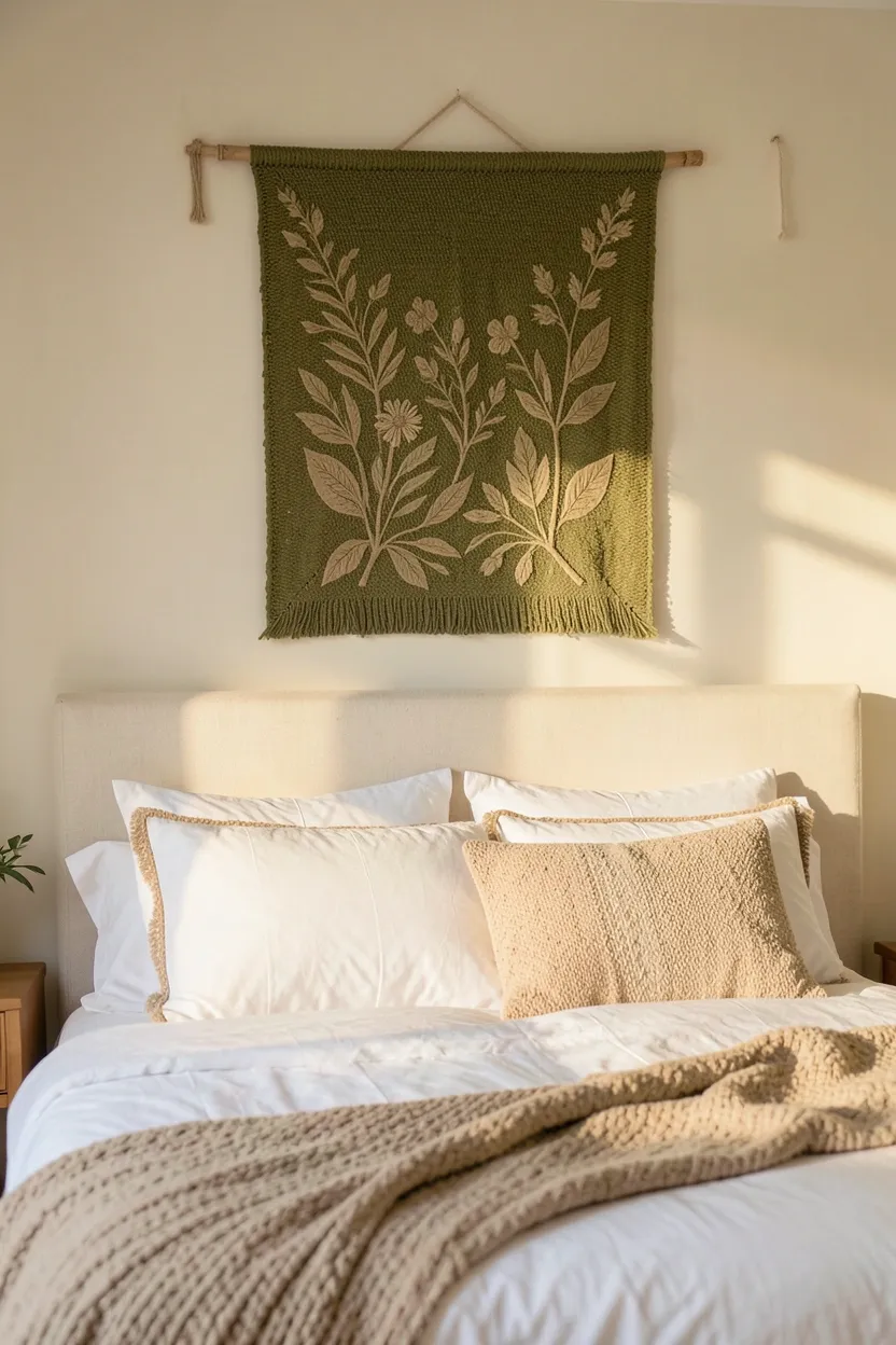 Moody bedroom with olive green walls, deep navy blue throw blanket on white bedding, and gold accent lamp — sophisticated earthy color pairing