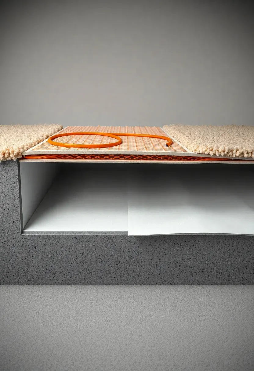 cross-section view of basement floor showing radiant heating mat beneath thin carpet and pad