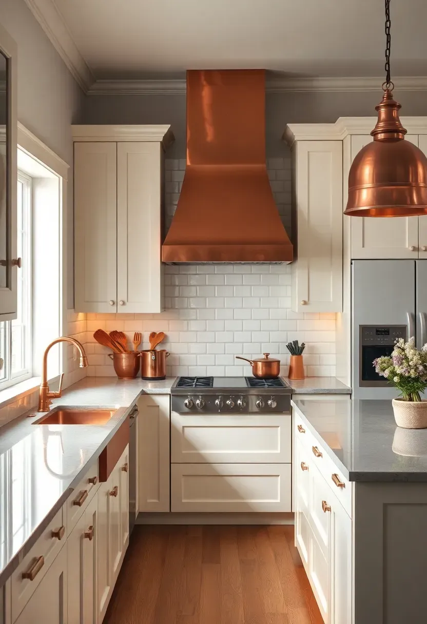 Hyper-realistic 3/4 view of a cream kitchen with unlacquered copper accents throughout. Materials: cream painted shaker cabinets, unlacquered copper range hood and pendant lights, warm honed quartz countertops, white ceramic subway tile backsplash, warm oak flooring. Natural light from window reflecting on copper surfaces, warm under-cabinet lighting. Visible copper farmhouse faucet, copper pots hanging from range hood, and copper pendant lights over island. Warm metallic mood. Shallow depth of field showing copper patina, sharp details on metal finishes. No text, no logos, no watermarks.</p>