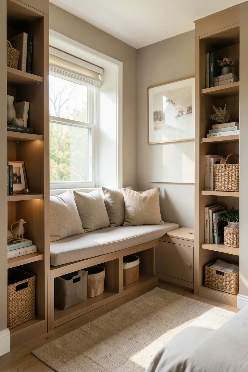 Cozy built-in window nook with cushioned bench and flanking bookshelves in a small bedroom, bathed in natural light