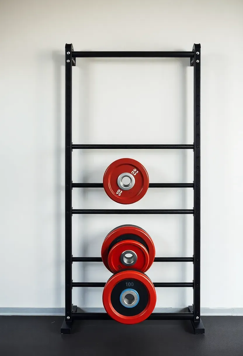 Vertical weight plate organizer with floor-to-ceiling posts storing Olympic plates in a compact corner of a home gym