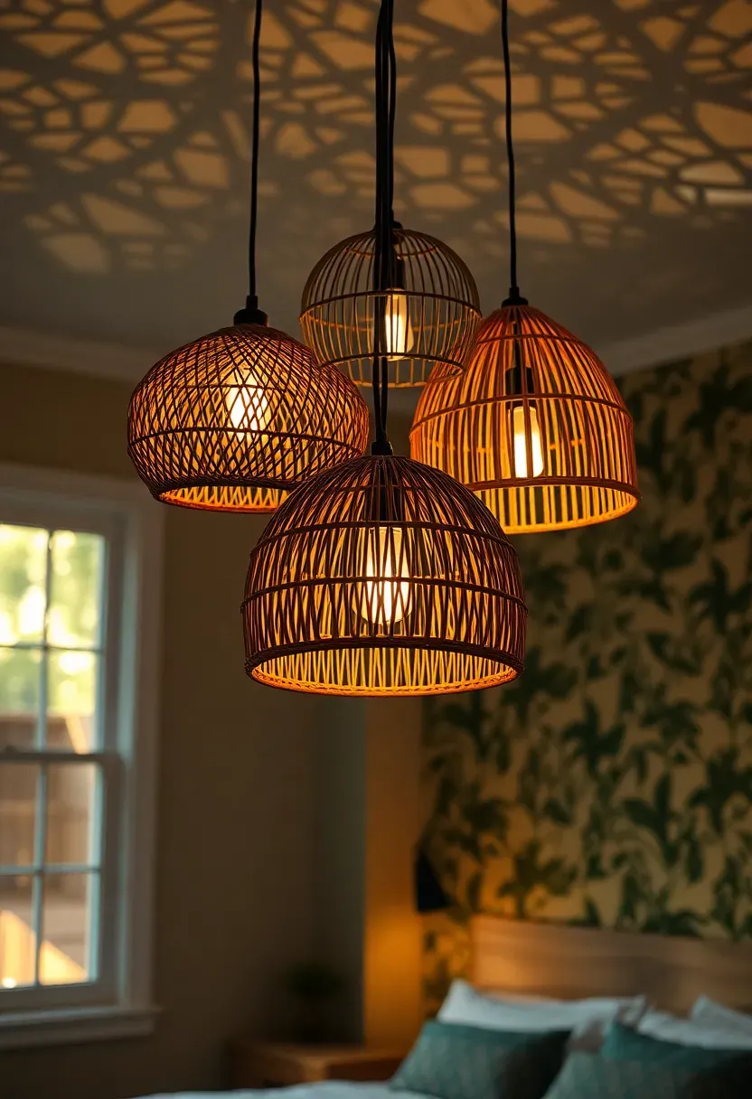 Cluster of three woven rattan pendant lights at different heights over a bed in a sunroom bedroom, warm glow at evening, botanical wallpaper accent on one solid wall
